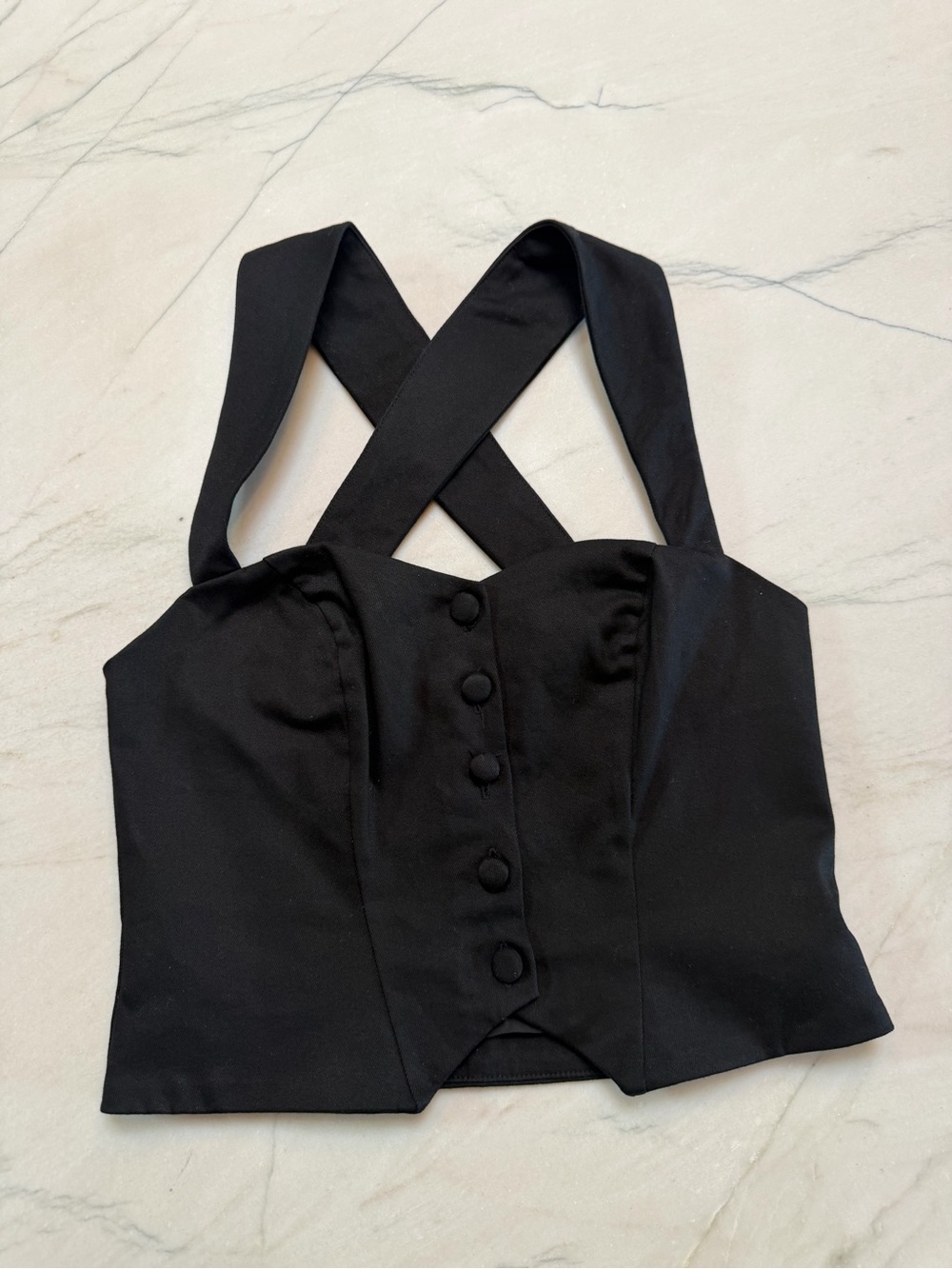 ALL THE WAYS Black Button Front Cross-Back Crop Top Size XS